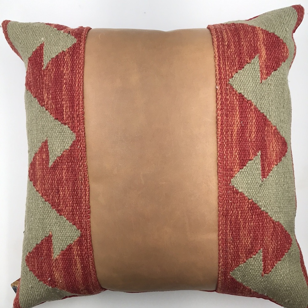 Calico Kilim Rug and Leather Accent Pillow